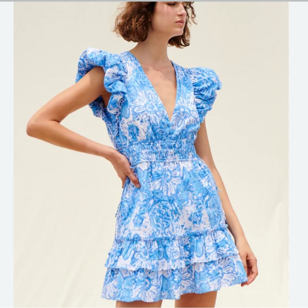 SAYLOR Blue and White Ruffled Wrap Mini Dress